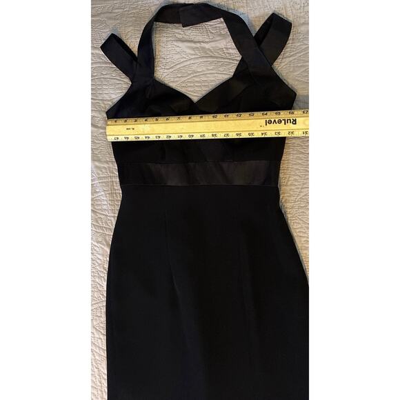 Vintage Cache Sz 4 Black Halter Straps Silky Trim Front Slit Lined Bandage Maxi - Picture 7 of 16